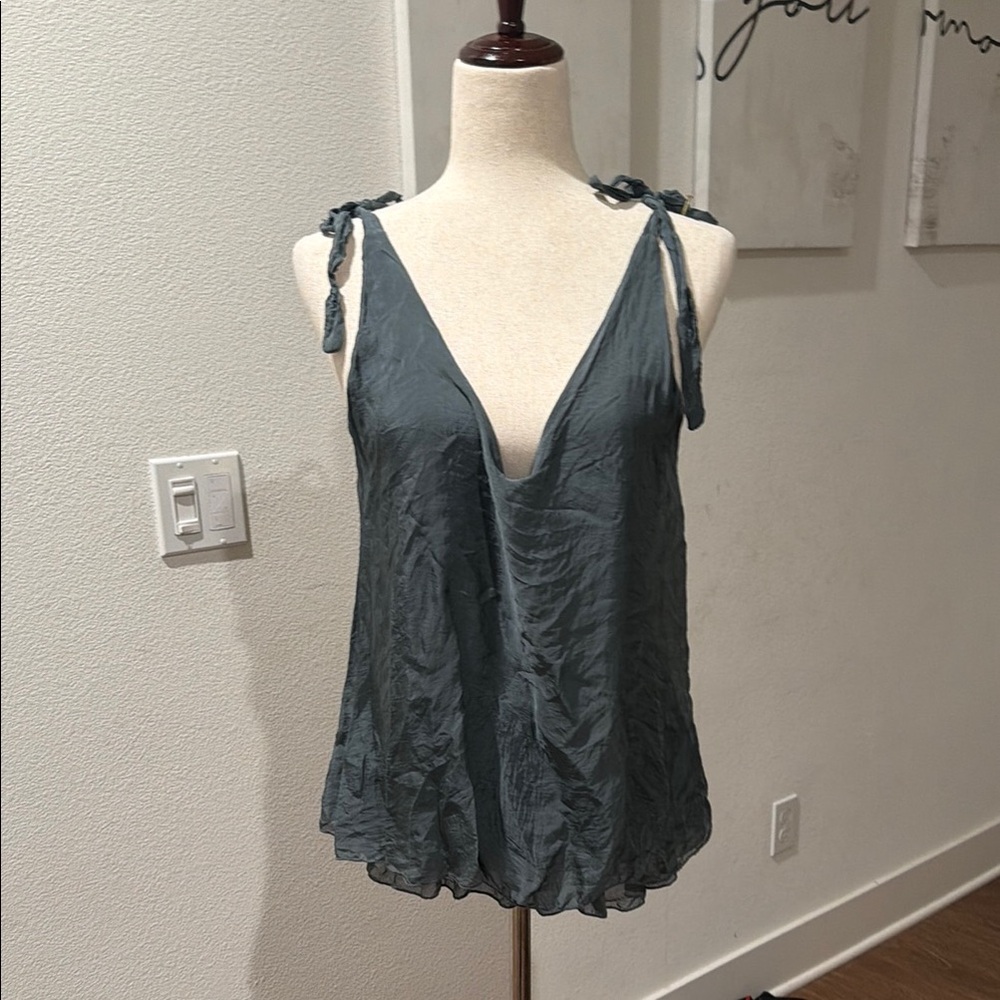 Silk 
Tie-Shoulder V-Neck Sleeveless Blouse - Slate Blue